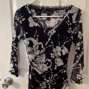 INC International Concepts Navy Cream Sheer Floral Long Sleeve Blouse Size Small